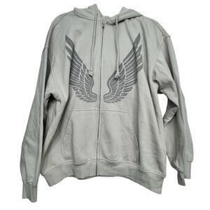 H&M Divided Gray Zip Hoodie Wing Graphic Unisex M Angelcore Y2K Streetwear